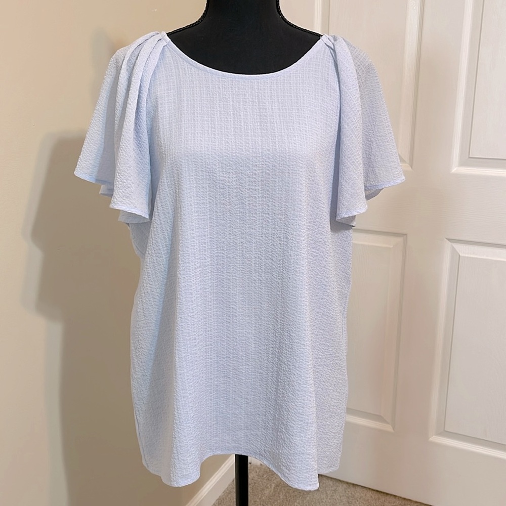 Banana Republic. Size L. Baby blue, lined, flowing short sleeved blouse.
